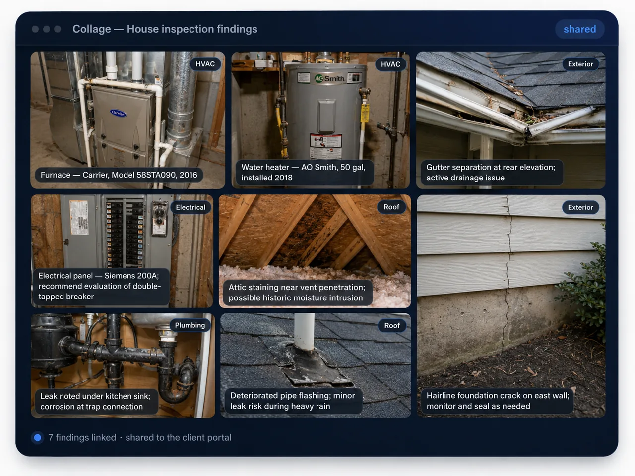 A Tidy collage titled “House inspection findings” — captioned photos of a furnace, water heater, gutters, electrical panel, attic, kitchen plumbing, roof flashing and a foundation crack, shared to a client portal.